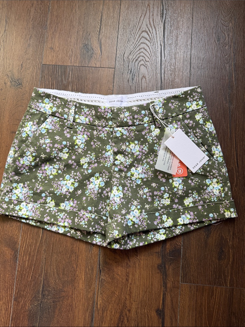 Dear John Olive Floral High-Rise Shorts with Pastel Blooms